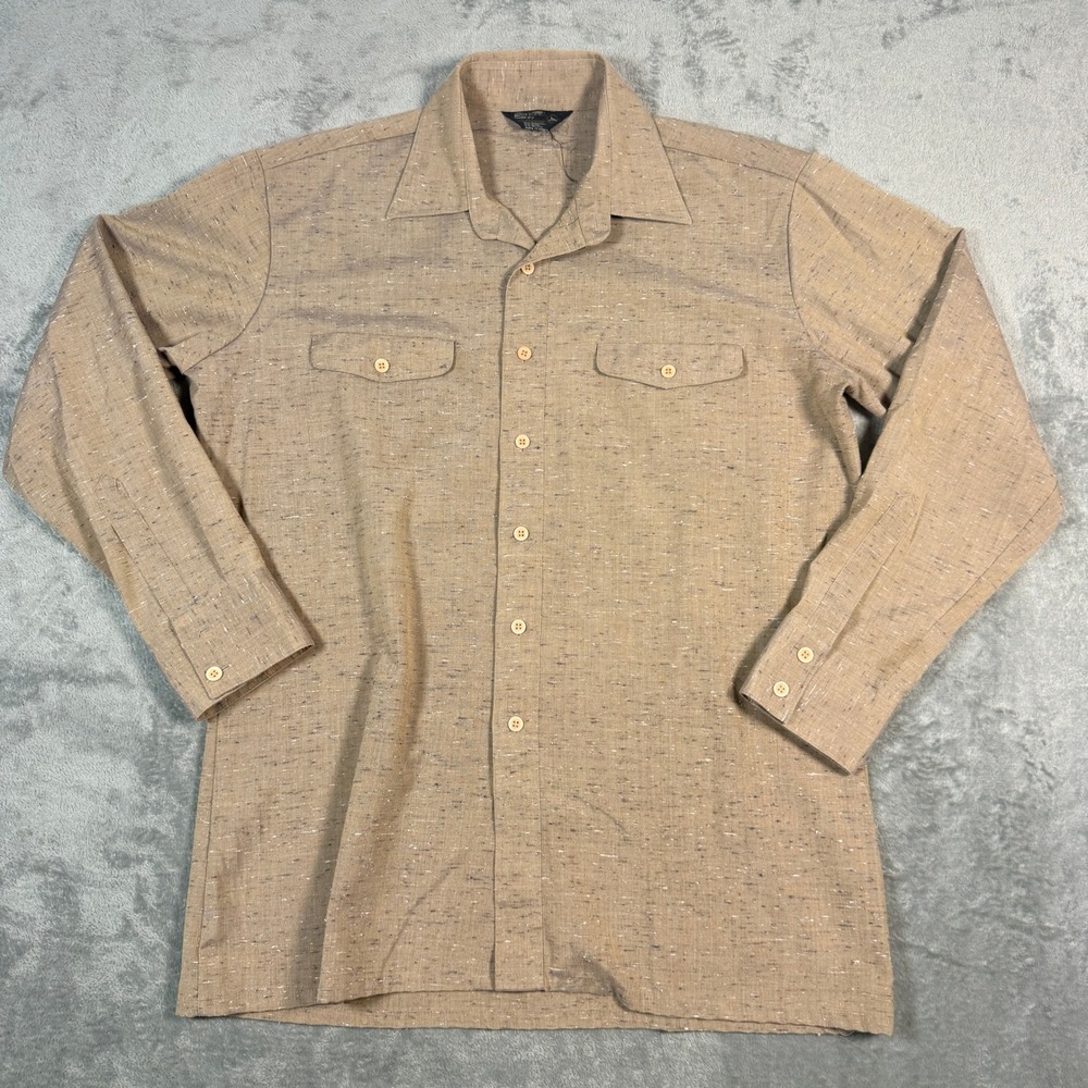 Vintage JCPenney Mens L Button Down Shirt 90's Tan Flecked Long Sleeve Pockets